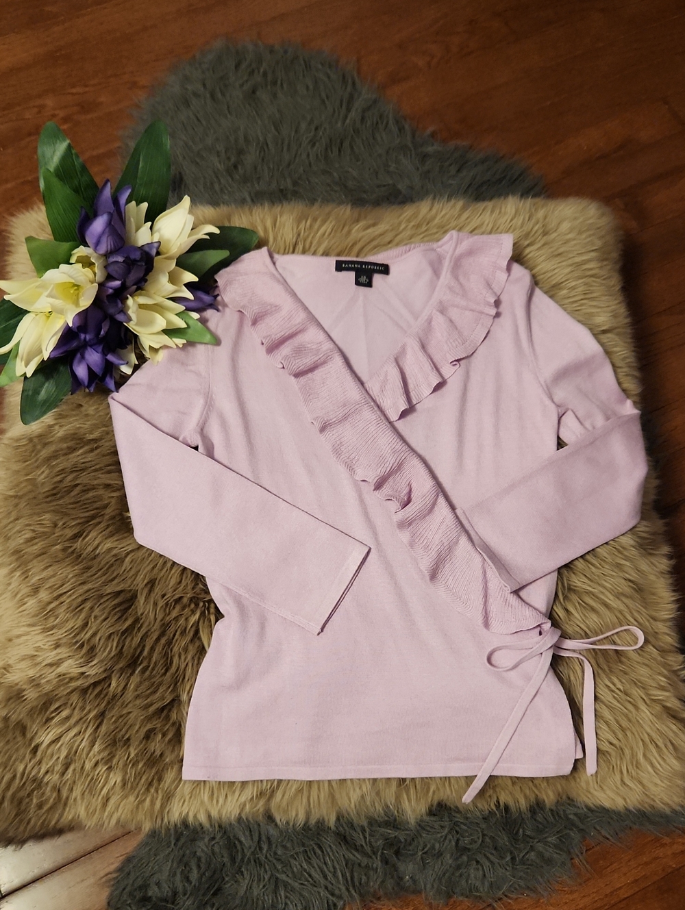Banana Republic Silk Blend Knit Lavender Pink Ruffle Wrap Sweater Top